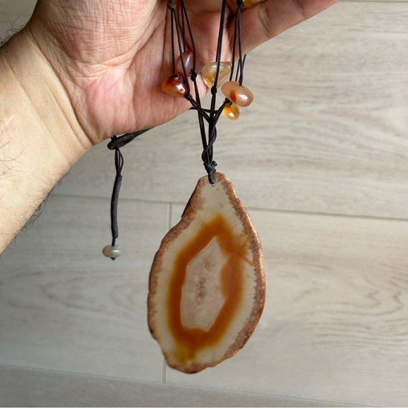 Handmade Banded Agate Slice Pendant Carnelian Stone Beaded Necklace - Picture 2 of 5